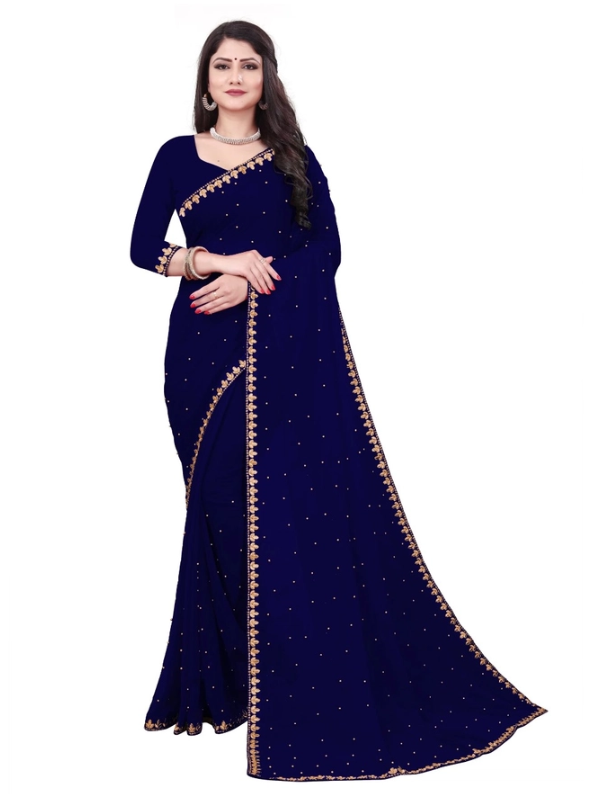 Elegant Embellished Saree for Women (Navy Blue)