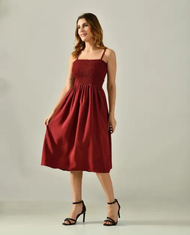 Stylish Smocked Sling Long Gown for Women (Maroon)