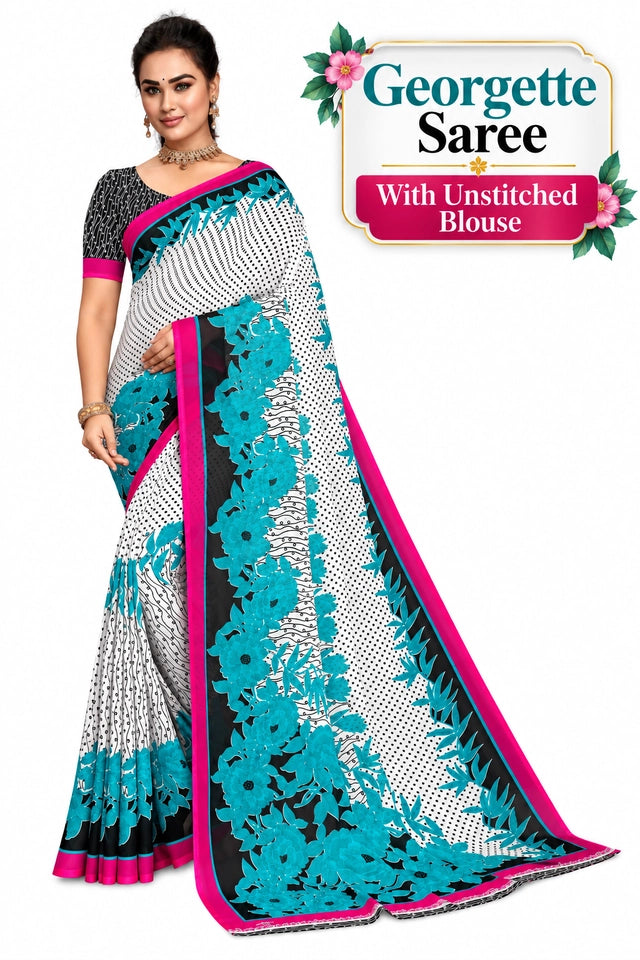 Fancy Georgette Printed Saree with Unstitched Blouse (White & Blue)