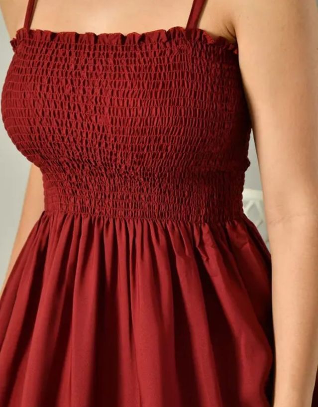 Stylish Smocked Sling Long Gown for Women (Maroon)
