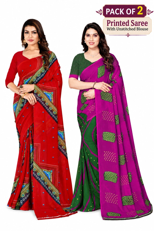 Printed Bandhani Georgette Saree (Pack of 2, Multicolor)