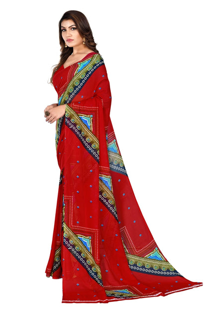 Pure Georgette Bandhani Saree with Unstitched Blouse (Red)