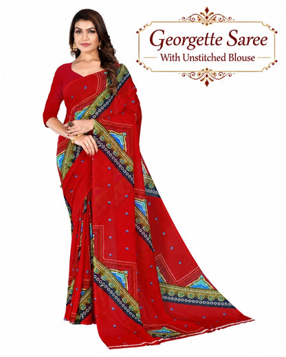 Pure Georgette Bandhani Saree with Unstitched Blouse (Red)