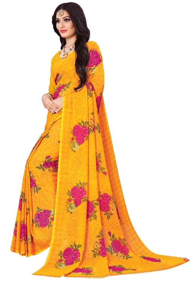 Chic Floral Georgette Saree with Unstitched Blouse (Yellow)