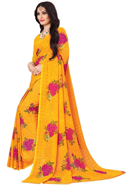Chic Floral Georgette Saree with Unstitched Blouse (Yellow)