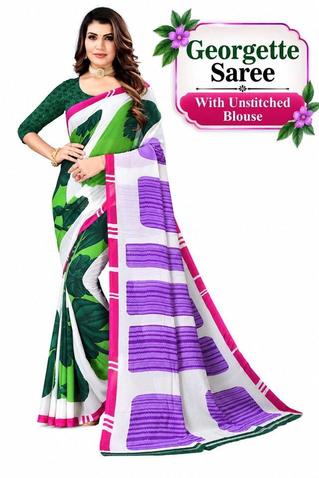 Women's Georgette Printed Saree with Unstitched Blouse (Echo Blue)