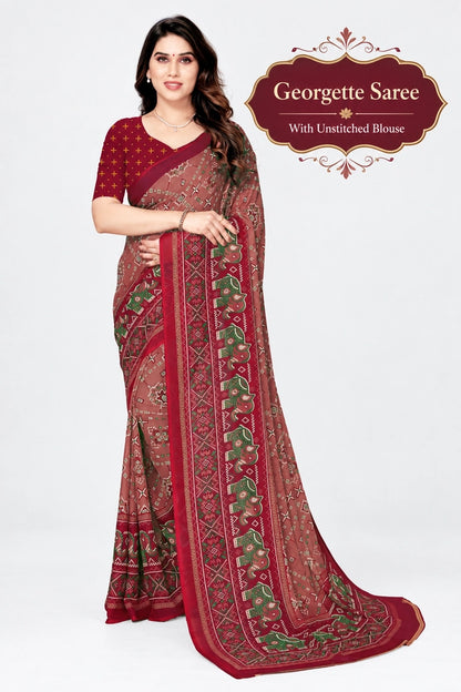Printed Daily Wear Georgette Saree with Unstitched Blouse (Patola Red)