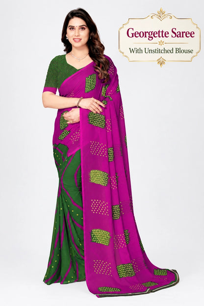 Printed Daily Wear Georgette Saree with Unstitched Blouse (Green & Rani)