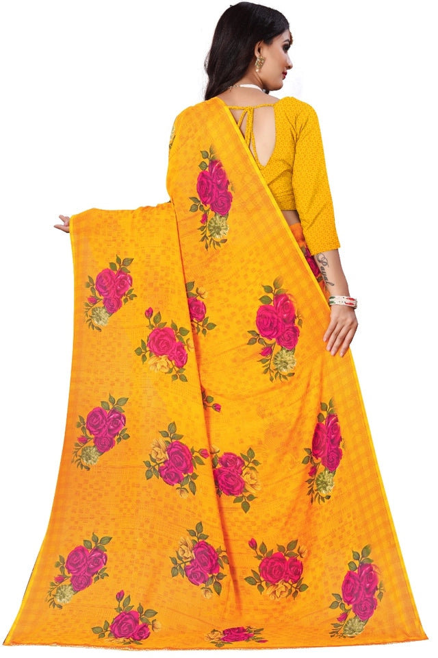 Chic Floral Georgette Saree with Unstitched Blouse (Yellow)