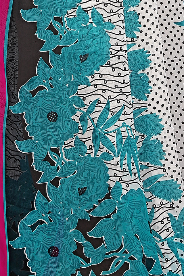 Fancy Georgette Printed Saree with Unstitched Blouse (White & Blue)