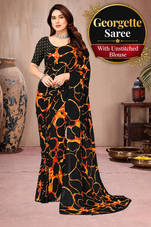 Tie and Dye Poly Georgette Leheriya Saree with Unstitched Blouse