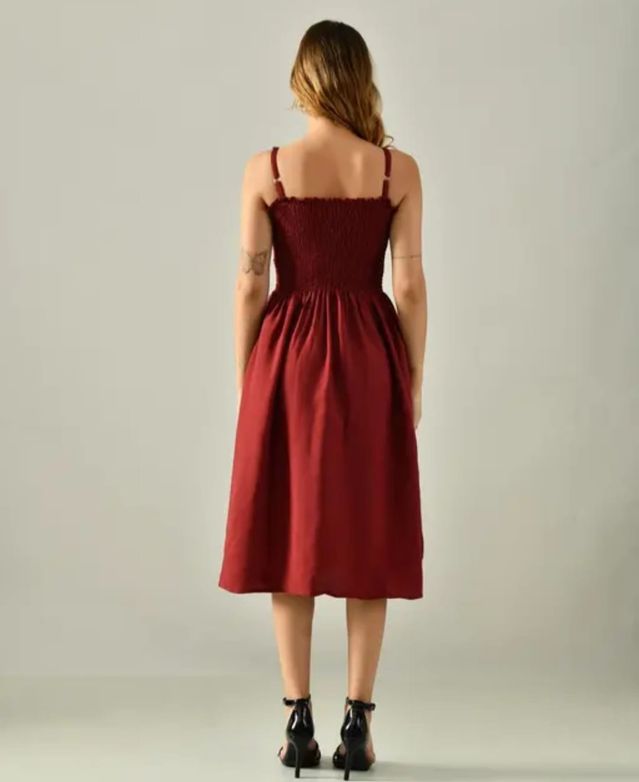 Stylish Smocked Sling Long Gown for Women (Maroon)