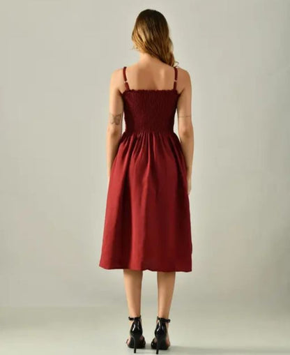 Stylish Smocked Sling Long Gown for Women (Maroon)