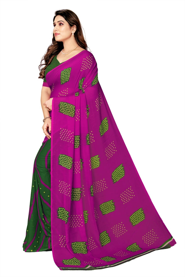 Printed Daily Wear Georgette Saree with Unstitched Blouse (Green & Rani)
