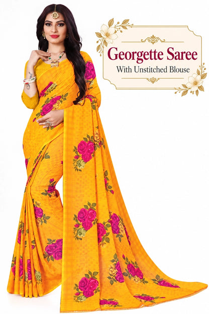 Chic Floral Georgette Saree with Unstitched Blouse (Yellow)