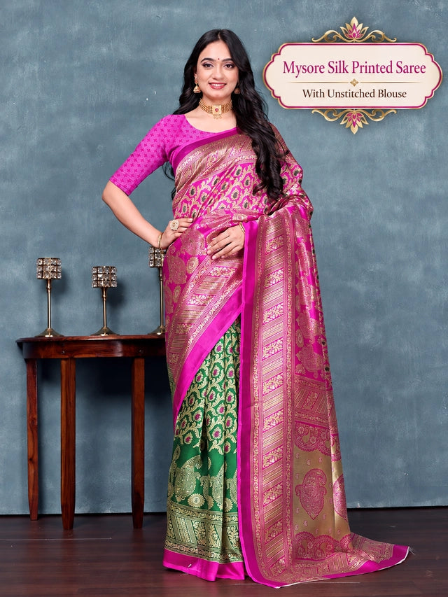 Elegant Banarasi Style Silk Saree with Unstitched Blouse (Pink & Green)